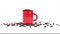 Coffee beans falling in red cup on white background, closeup. Alpha channel. Coffee Beans Fall. 3d animation