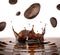 Coffee beans falling splashing in a pool of coffee with crown splash