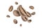 Coffee beans flying background. Black espresso grain falling on white. Rustic coffee bean fall isolated. Represent