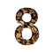 Coffee beans font. The digit eight, 8 is cut out of paper on the background of roasted beans of excellent coffee. Set of