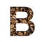 Coffee beans font. The letter B is cut out of paper on the background of roasted beans of excellent coffee. Set of decorative