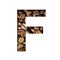 Coffee beans font. The letter F is cut out of paper on the background of roasted beans of excellent coffee. Set of decorative