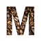 Coffee beans font. The letter M is cut out of paper on the background of roasted beans of excellent coffee. Set of decorative