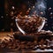 Coffee beans in a glass bowl with smoke on wooden background. Falling bean slow motion image. Closeup picture of perfect dark