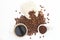 Coffee beans, grinded coffee, and black coffee ready to drink, white background, illustration