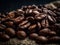 Coffee beans roasted with burlap sack background Close-up