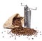 Coffee beans sack with two metal coffee grinders