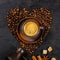 Coffee beans in shape of heart and espresso