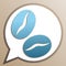 Coffee beans sign. Bright cerulean icon in white speech balloon at pale taupe background. Illustration