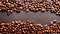 coffee beans top view. Roasted coffee beans on brown table. Beautiful texture of coffee beans