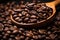 Coffee beans with wooden scoop on a rustic table. AI Generated