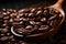 Coffee beans with wooden scoop on rustic table, close-up. AI Generated