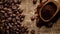 Coffee Beans in Wooden Spoon on Burlap Textured Background with Copyspace