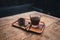 Coffee, black coffee, drip coffee, Coffee on a wooden tray in the morning