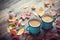 Coffee in blue enameled cups and autumn leaves.