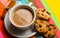 Coffee break concept. Drink with caffeine or cocoa with milk. Coffee on colorful positive background. Cup of coffee with