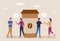 Coffee break concept. Young people, employees, friends drink coffee and talk. Men and women communicate and discuss business