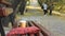 Coffee break on empty bench in autumn city park, blurred teenage male at public park walkway on background