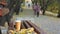 Coffee break on empty bench in autumn city park, blurred two woman at public park walkway on background