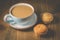 Coffee break. Muffins and blue mug with cappuccino for breakfast. Selective focus