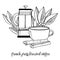 Coffee brewed in french press. Composition with pot and cup. Coffee leaves on the background. Hand drawn outline sketch