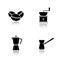 Coffee brewing equipment. Drop shadow black icons set