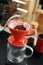 Coffee brewing process. Red ceramic dripper. Gooseneck kettle. Specialty concept