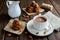 Coffee cakes on a wood background