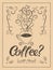 Coffee calligraphic grunge vintage style poster. Cup of hot coffee with stylized steam. Retro vector illustration.