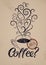 Coffee calligraphic grunge vintage style poster. Cup of hot coffee with stylized steam. Retro vector illustration.