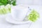 Coffee cappuccino and green cloves flowers on a white background. Free space