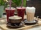 Coffee, cappuccino and smoothies on a table in a cafe.