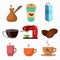 coffee clip art set, cup, beans. Coffee to go, coffee maker, turka. milk box