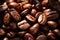 Coffee with a close-up view of dark, roasted coffee beans. This macro shot highlights the rich aroma, texture