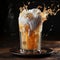 Coffee cocktail with cream and ice. Latte with orange topping. Splash of drink on a plain background.