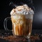 Coffee cocktail with cream and ice. Latte with orange topping. Splash of drink on a plain background.