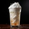 Coffee cocktail with cream and ice. Latte with orange topping. Splash of drink on a plain background.