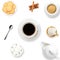 Coffee composition with sugar, pastry, cookies and aromatic spices like cinnamon and anise . Coffee scene with copy space on a