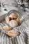 Coffee with cookies in bed. Interior details. Gray background. Beautiful flat lay