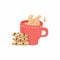 Coffee and cookies. Cup of tea with milk and american oatmeal cookies with chocolate. Food and drink delicious illustration. Hand