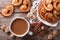 Coffee and cookies Palmiers close-up on the table. horizontal to