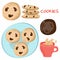 Coffee and cookies set. Cup of tea with milk and american oatmeal cookies with chocolate. Food and drink delicious illustration.
