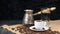 Coffee Cooper and linen table. Greek Coffee Pot, Glass of water and beans dropped on wooden table. White small coffee mug. Copy sp