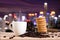 the coffee and cracker snack on table over Cityscape bokeh, Blur