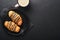 Coffee and croissant. Espresso coffee and croissant with chocolate on old on black concrete table. Perfect Croissant Breakfast in