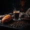 Coffee with croissants and coffee beans on dark background