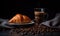 Coffee with croissants and coffee beans on dark background