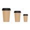 Coffee cup 3D icons set. Paper or plastic brown mockup glass.