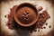 Coffee cup with cacao powder and beans on old paper background