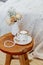 Coffee cup cappuccino, vintage dried flowers, cozy home. Hygge, Lagom